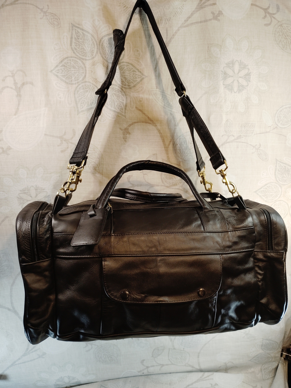 All Leather Duffel Bag With Multiple Pockets- In Black With Goldtone Hardware